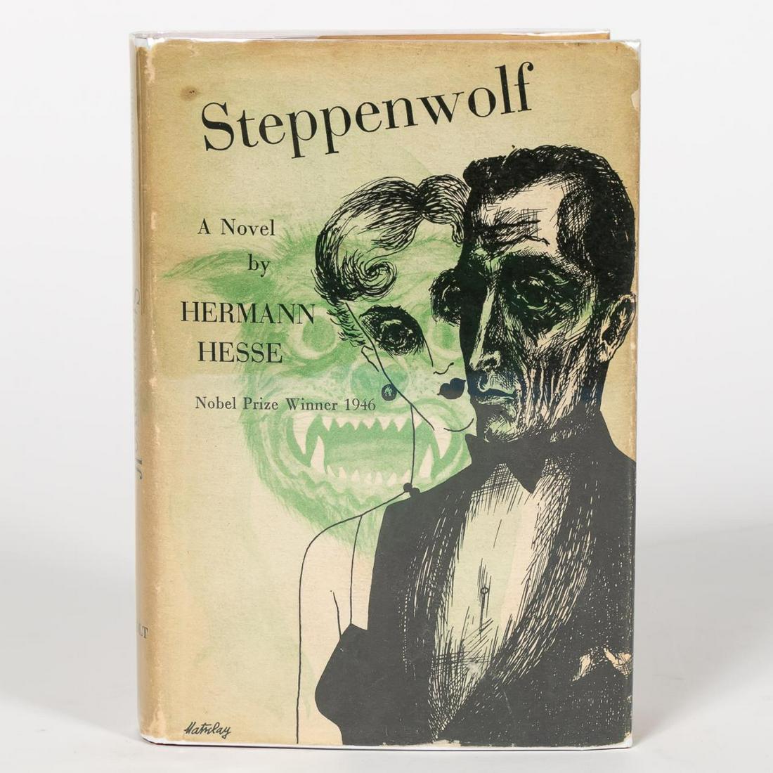 HERMANN HESSE "STEPPENWOLF", WITH DUST JACKET: Hermann Hesse (German/Swiss, 1877-1962), "Steppenwolf." Published by Henry, Holt, Co., Inc., New York, 1946 reprint of the 1929 1st edition. Sextodecimo, orange board cover with silver lettering to sp