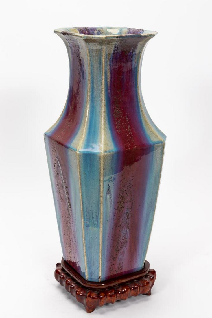 LARGE CHINESE FLAMBE GLAZED HEXAGONAL VASE, STAND (1 of 8)