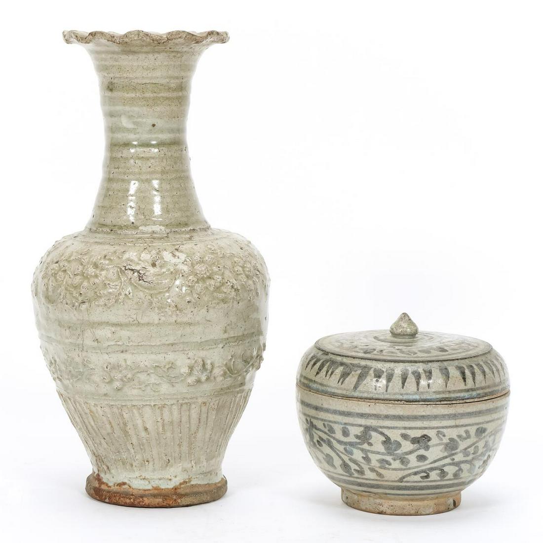 TWO ASIAN POTTERY VESSELS, VASE & LIDDED JAR (1 of 9)