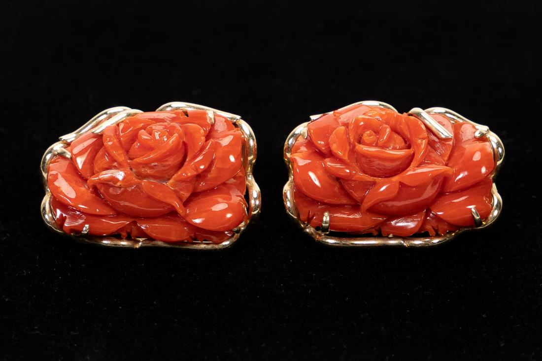 PR., 14K YG FOLIATE CARVED RED CORAL EARRINGS (1 of 5)