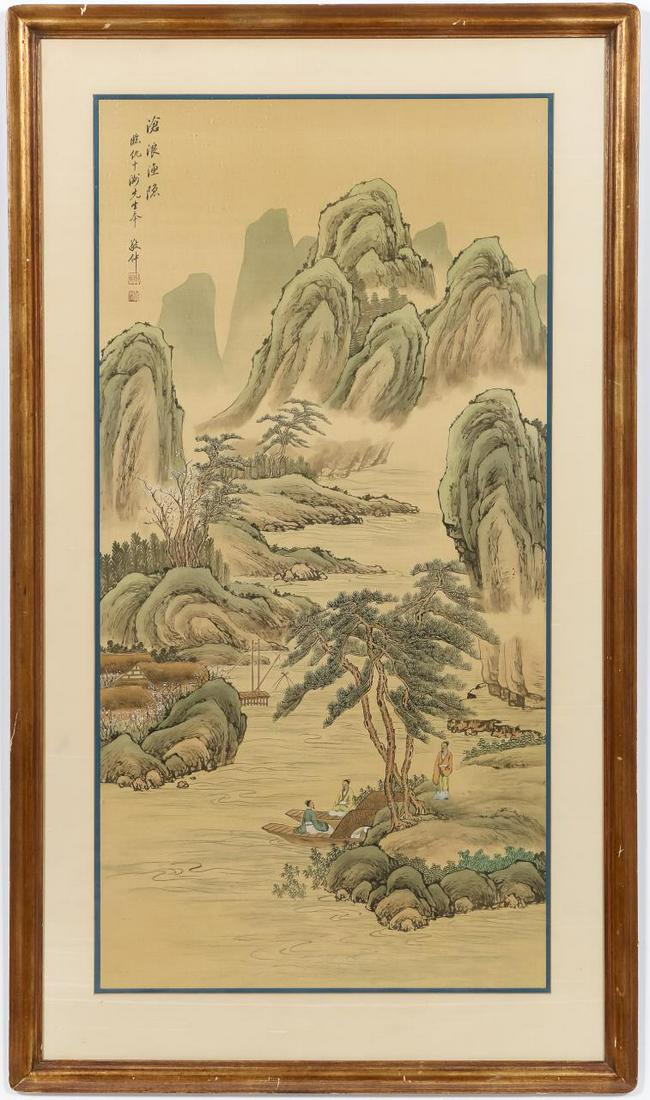FRAMED CHINESE LANDSCAPE WATERCOLOR ON SILK (1 of 9)