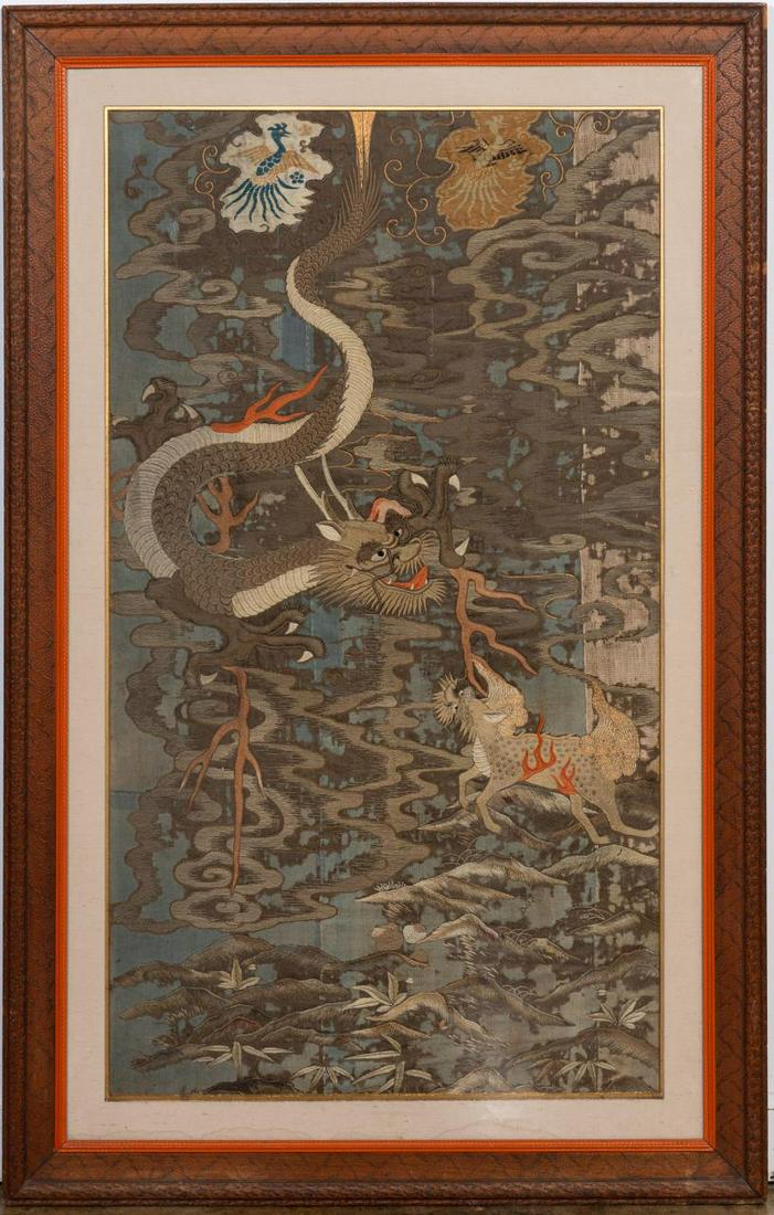 CHINESE FRAMED EMBROIDERY WITH DRAGON & QILIN (1 of 5)