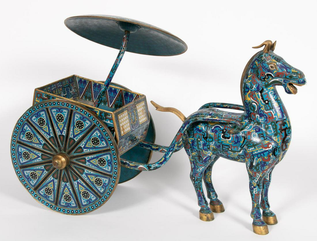 CHINESE CLOISONNE ENAMEL HORSE DRAWN CARRIAGE CART (1 of 9)