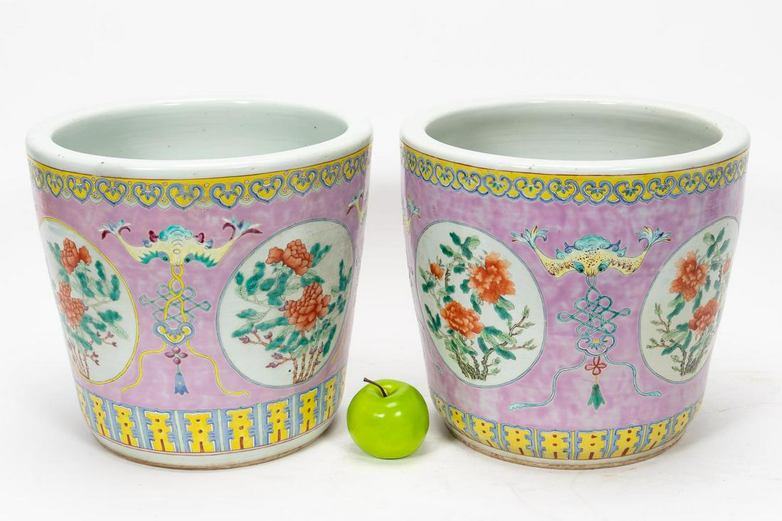 PAIR, CHINESE PINK GROUND FAMILLE ROSE JARDINIERES (1 of 6)