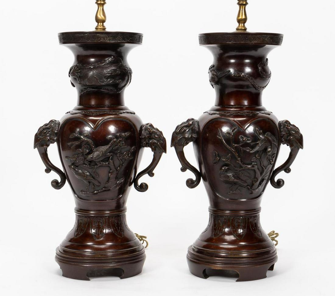 PAIR, JAPANESE BRONZED URN BIRD MOTIF TABLE LAMPS (1 of 6)