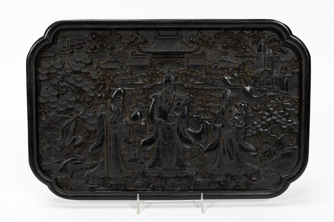 CHINESE, EBONIZED CARVED WOOD LONGEVITY PLAQUE (1 of 5)