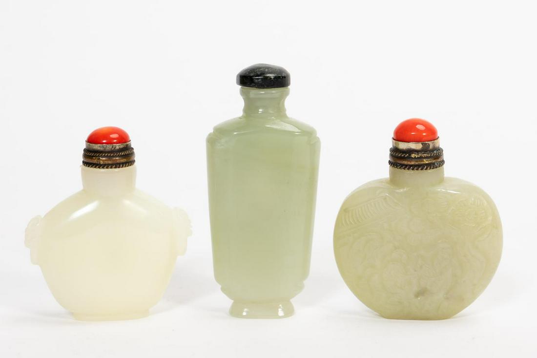 GROUP OF THREE CHINESE SNUFF BOTTLES, NEPHRITE (1 of 6)