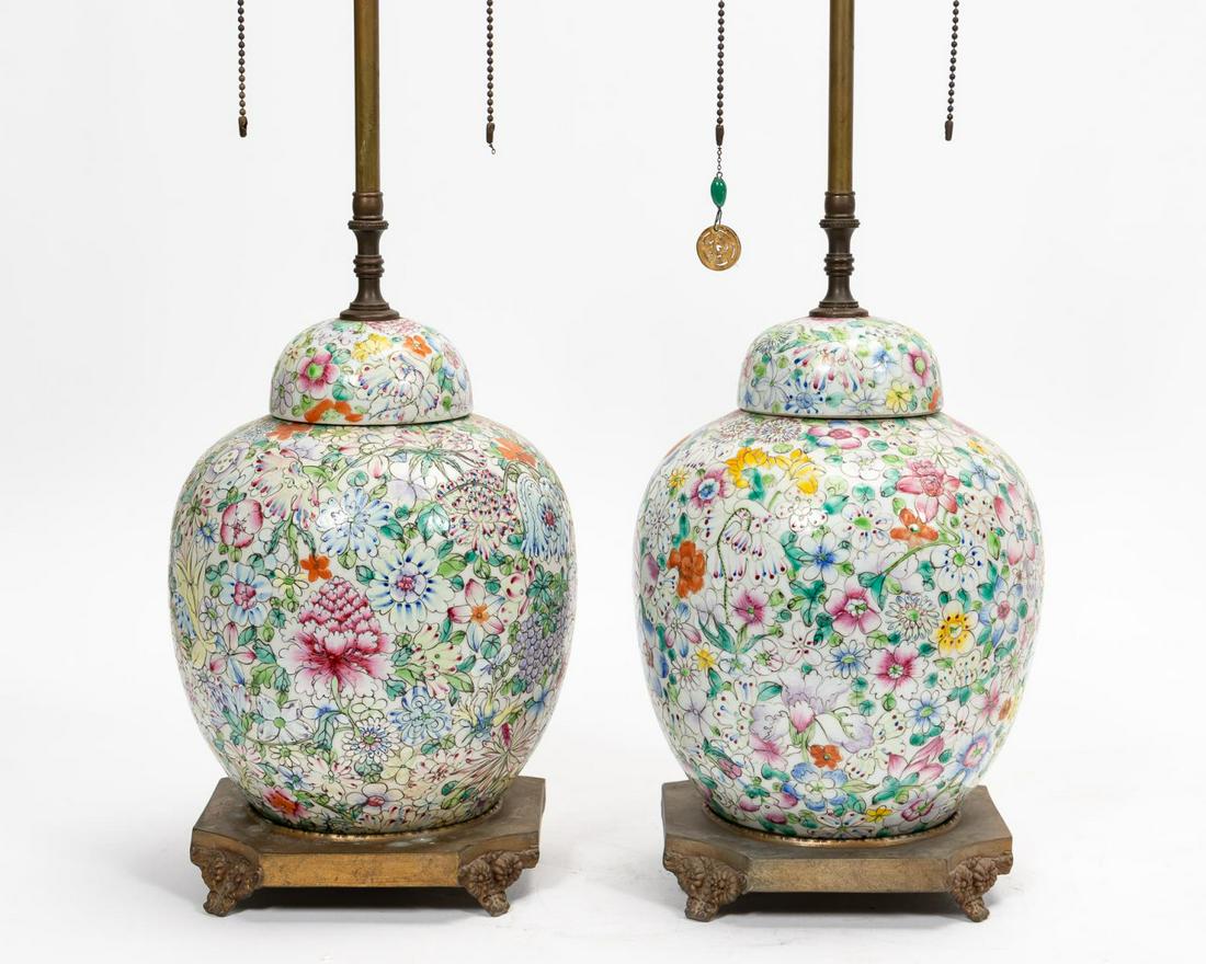 PAIR, CHINESE 1000 FLOWERS JARS MOUNTED AS LAMPS (1 of 7)