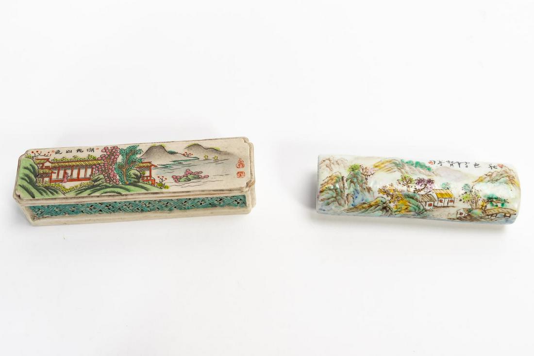 TWO, CHINESE PORCELAIN LANDSCAPE BRUSH RESTS (1 of 10)
