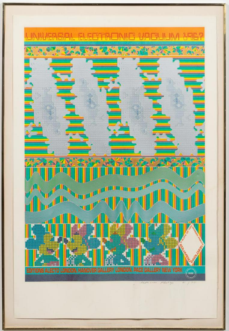 PAOLOZZI SCREENPRINT, UNIVERSAL ELECTRONIC VACUUM: Eduardo Paolozzi (British, 1924-2005). "Universal Electronic Vacuum" - 1967, screenprint and offset lithograph on paper, signed in graphite to lower left and numbered 41 of 75. Exhibtion poster for "N