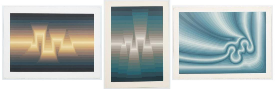 3 ROY AHLGREN OPTIC ART UNFRAMED SERIGRAPHS: Roy Ahlgren (American, 1927-2011). "Thermal Aversion" - 1980, serigraph on paper, signed "Ahlgren" to lower right and numbered 12/140 to lower left; "Aura" - 1984, serigraph on paper, signed "Ahlgren"