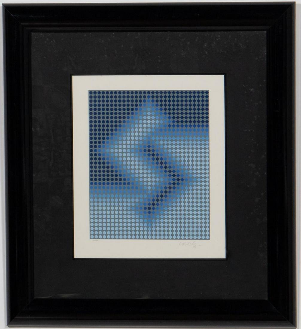 VASARELY, "BLUE V", SIGNED SERIGRAPH, 30/300: Victor Vasarely (French / Hungarian, 1906-1997). "Blue V" - second half 20th century, silkscreen on paper, signed to lower right "Vasarely" and numbered 30/300 to lower left. An op art multi-coloredsi