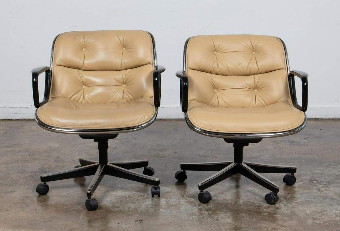 PR., CHARLES POLLOCK FOR KNOLL “EXECUTIVE" CHAIRS: Charles Pollock (American, 1930-2013), Knoll (American, founded 1938), second quarter 20th century. Pair of Mid Century Modern “Pollock Executive” (first introduced 1963) armchairs having tan butt