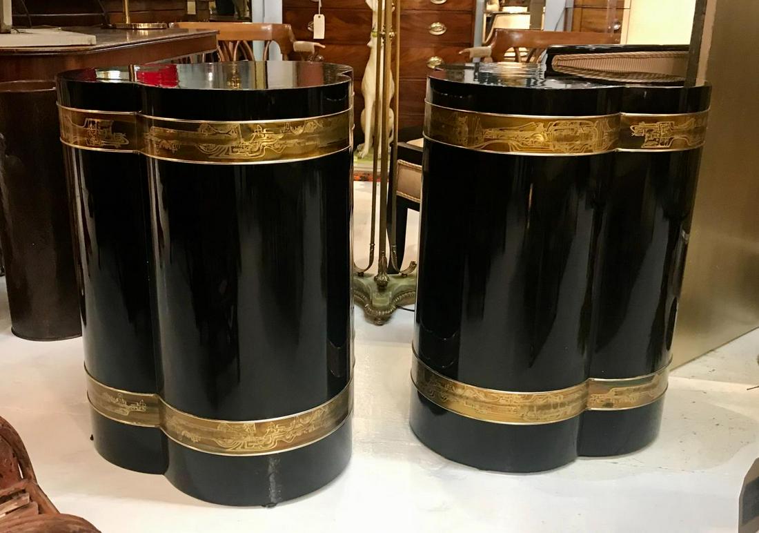 PAIR, BERNHARD ROHNE FOR MASTERCRAFT SIDE TABLES: Bernhard Rohne for Mastercraft, circa 1970s. Pair of ebonized trefoil pedestal form side tables inlaid with bands of acid etched brass. Unmarked. Approx. h. 24.5".