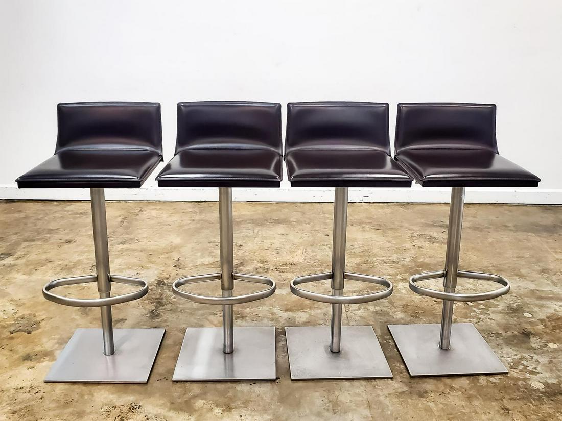 FOUR, FRAG ITALIAN BROWN LEATHER & STEEL BARSTOOLS: Frag (Italian, 20th / 21st century). A set of four "Latina GP" brown leather and steel adjustable barstools. Marked to underside "Frag, Italy". Approx: h. 38.5", w. 16.5", d. 17"; h. 30.5" (seat).