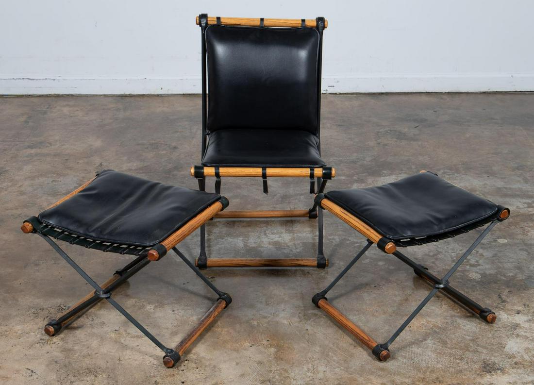 CLEO BALDON CHAIR WITH TWO FOOT STOOLS: Cleo Baldon (American, 20th Century). A three piece "X" frame campaign style set comprising of one iron & wood chair and two foot stools. Apparently unmarked. Approx. h. 31.5", w. 19", d. 18.5" (chair
