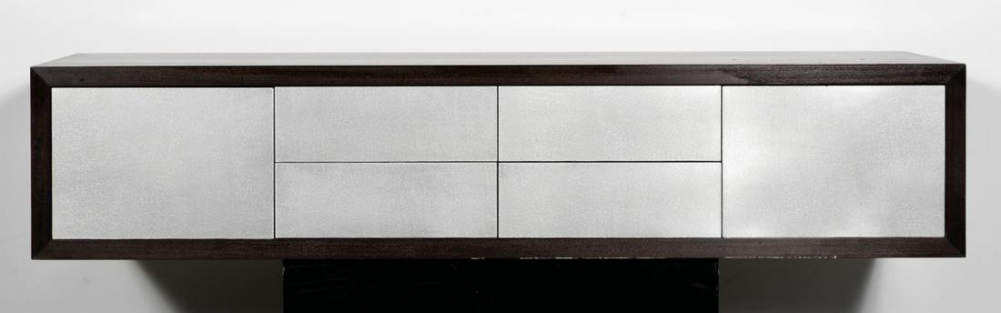 STANLEY JAY FRIEDMAN FOR BREUTON, "CH: Stanley Jay Friedman for Brueton Furniture (American, est. 20th century), 21st century. A "Ch'ing" wall hanging cabinet / credenza with aluminum finish on drawers. Apparently unmarked. Approx. h. 15.2