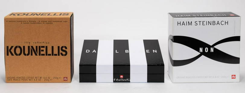 ILLY COLLECTION: BUREN, KOUNELLIS & STEINBACH: Daniel Buren (French, b. 1968 -), Jannis Kounellis (Greek, 1936-2017), and Haim Steinbach (American, b. 1944 -), 2003, 2005, & 2012. A group of three Illy Collection espresso cups sets comprising of "