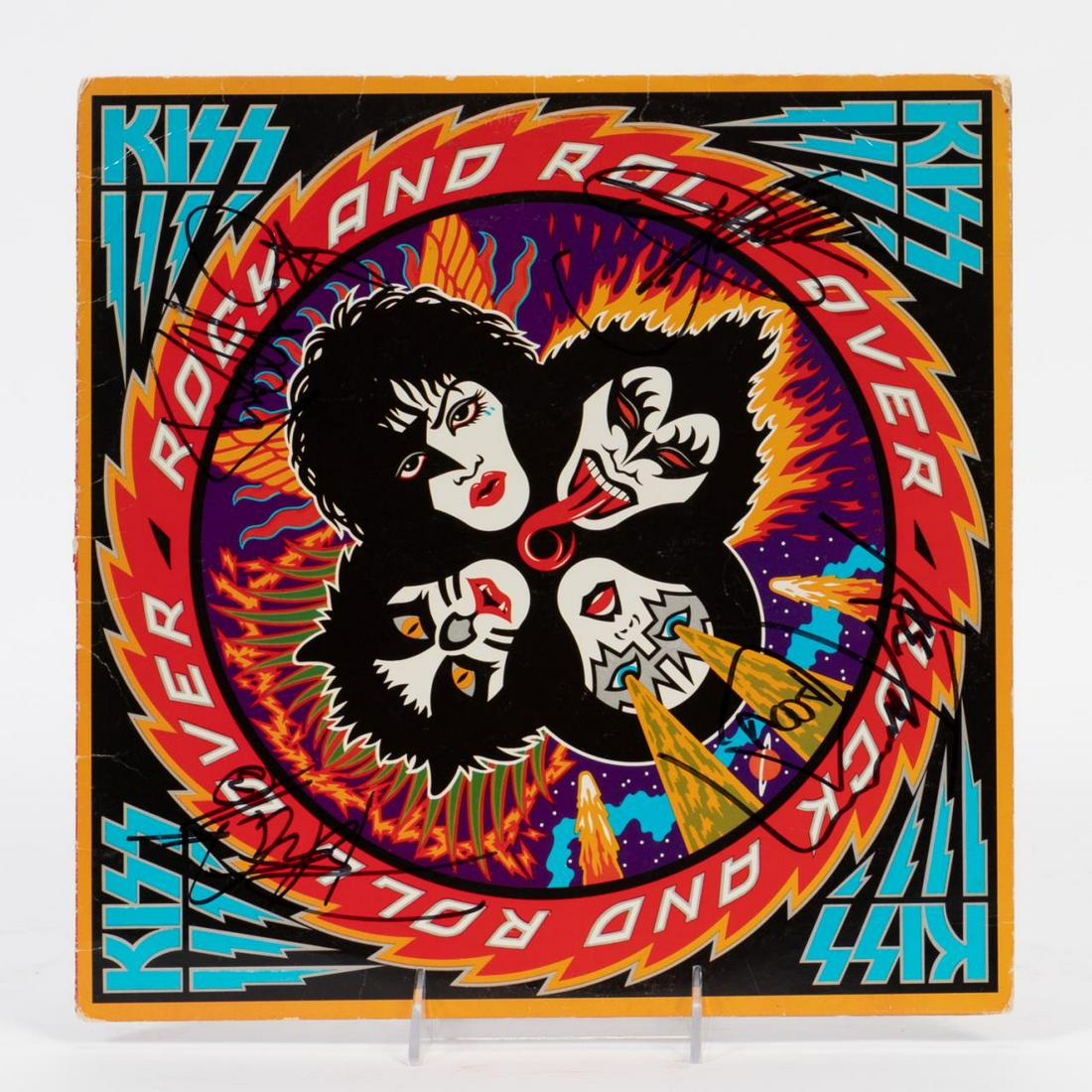 KISS, AUTOGRAPHED "ROCK AND ROLL OVER" ALBUM: Kiss (American, formed 1973). One record or LP "Rock and Roll Over" autographed by the original band members Paul Stanley, Gene Simmons, Peter Criss and Ace Frehley. Approx: 12.25" x 12.25".