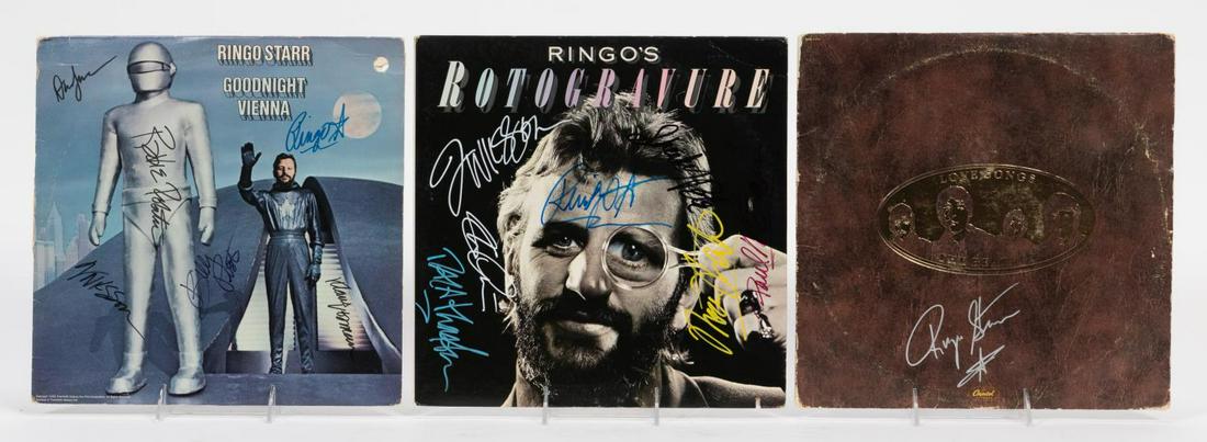 THREE, RINGO STARR AUTOGRAPHED ALBUMS, BEATLES: Ringo Starr (American, born 1940). Three records or LPs "Goodnight Vienna", "Rotogravure" and "Love Songs" signed by Ringo Starr and many others. Approx: 12.25" x 12.25".