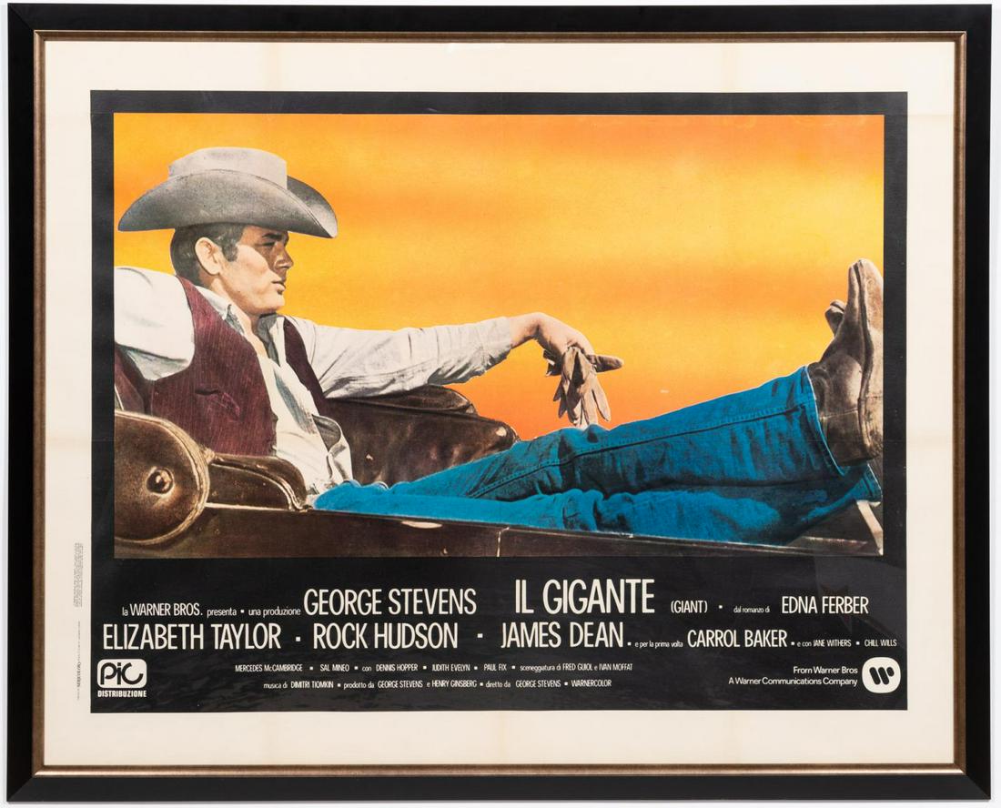OVERSIZED ITALIAN "IL GIGANTE" MOVIE POSTER, 1983: Italian, 20th century. "Il Gigante" - 1983, offset lithograph on paper, published by Sericolor Alto Verbano Srl. Italian market poster for the re-release of the 1956 epic "Giant", framed. Approx. 43.5