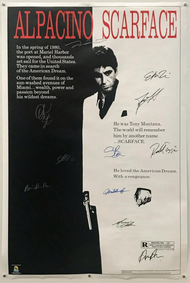CAST SIGNED "SCARFACE" MOVIE POSTER, AL PACINO: Scarface (American, released 1983). A movie poster signed by eleven members of the cast including Al Pacino, Steven Bauer, Brian DePalma and Oliver Stone. Approx: 40" x 27".