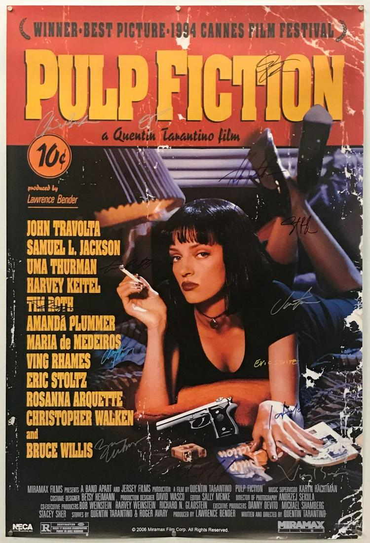 CAST AUTOGRAPHED "PULP FICTION" MOVIE POSTER: Pulp fiction (American, released 1994). A movie poster signed by cast including John Travolta, Samuel L. Jackson, Uma Thurman, Harvey Keitel, Tim Roth, Amanda Plummer, Maria de Medeiros, Ving Rhames, 