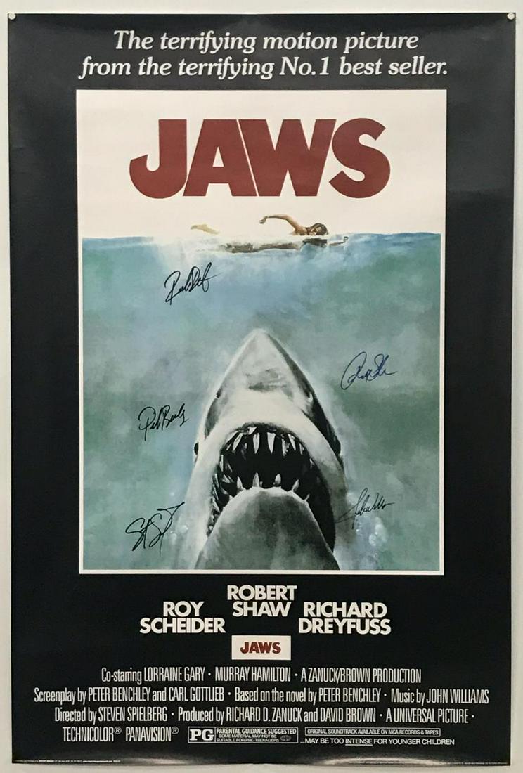 AUTOGRAPHED "JAWS" MOVIE POSTER, SPIELBERG: Jaws (American, released 1975). An autographed movie poster by five cast members including Steven Spielberg, Peter Benchley, Roy Scheider, Richard Dreyfuss and John Williams. Approx: 36" x 24".