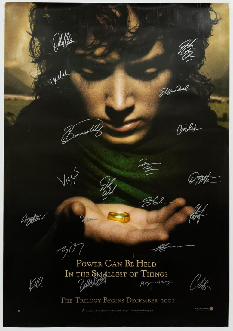 SIGNED THE LORD OF THE RINGS TRILOGY TEASER POSTER: The Lord Of The Rings (American, released 2001). A trilogy teaser movie poster signed by twenty members of the cast including Elijah Wood, Orlando Bloom, Ian McKellen, Sean Bean, Billy Boyd, Dominic M