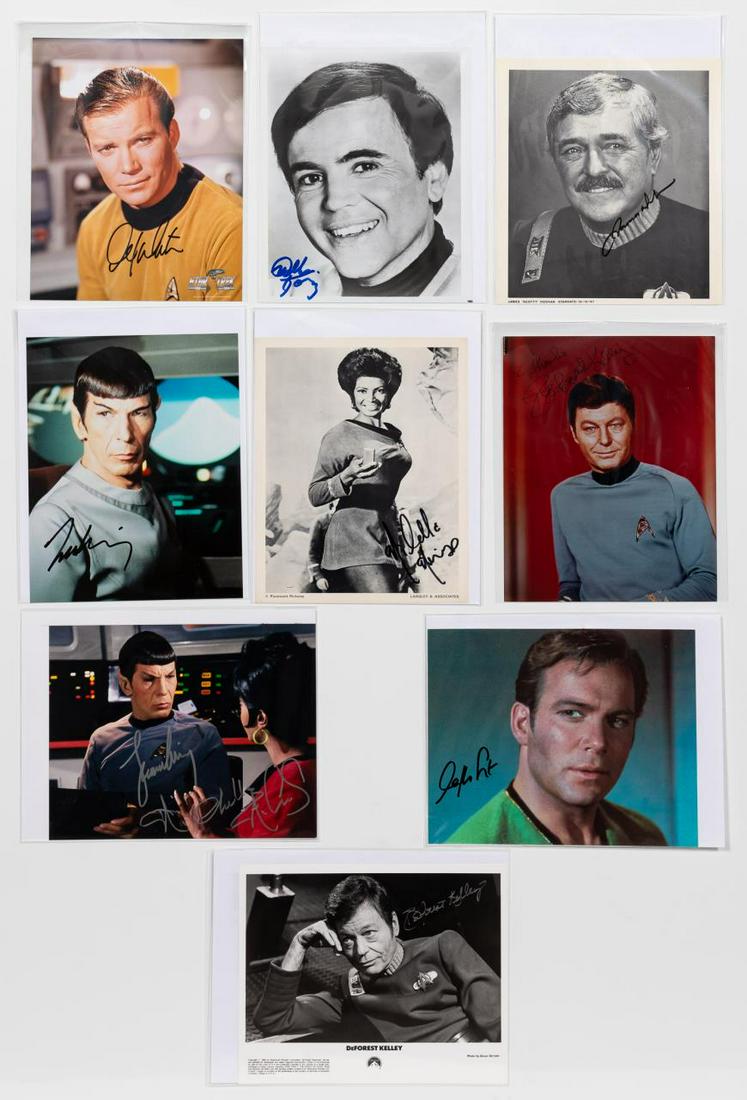 NINE, AUTOGRAPHED STAR TREK CAST PHOTOGRAPHS: Star Trek (American, released 1966). Nine autographed cast photographs including DeForest Kelly, James Doohan, William Shatner, Leonard Nimoy, and Nichelle Nichols. Approx: 10" x 8" (photo). Note: Sev