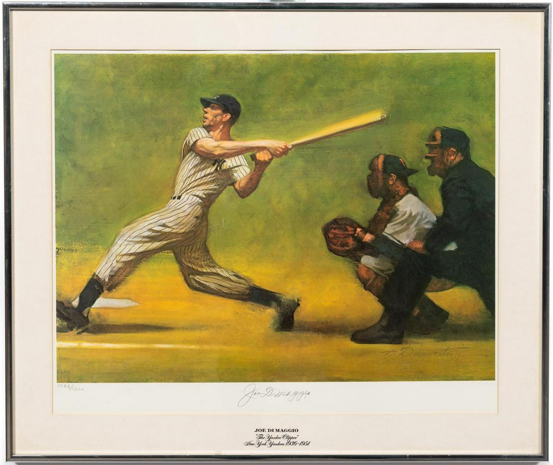 H. DINNERSTEIN, "THE YANKEE CLIPPER", JOE DIMAGGIO: Harvey Dinnerstein (American, born 1928), Joe DiMaggio (American, 1914-1999). "The Wide Swing" or "The Yankee Clipper" - 1974, lithograph on paper, signed by Joe DiMaggio to lower margin and numbered 