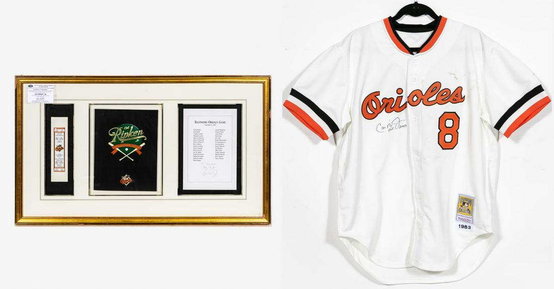 TWO CAL RIPKEN JR. AUTOGRAPHED MEMORABILIA ITEMS: Calvin Edwin Ripken Jr (American, born 1960). A collection of two memorabilia items including; an autographed Baltimore Orioles jersey by Hall of Famer "The Iron Man" and an autographed & framed comme