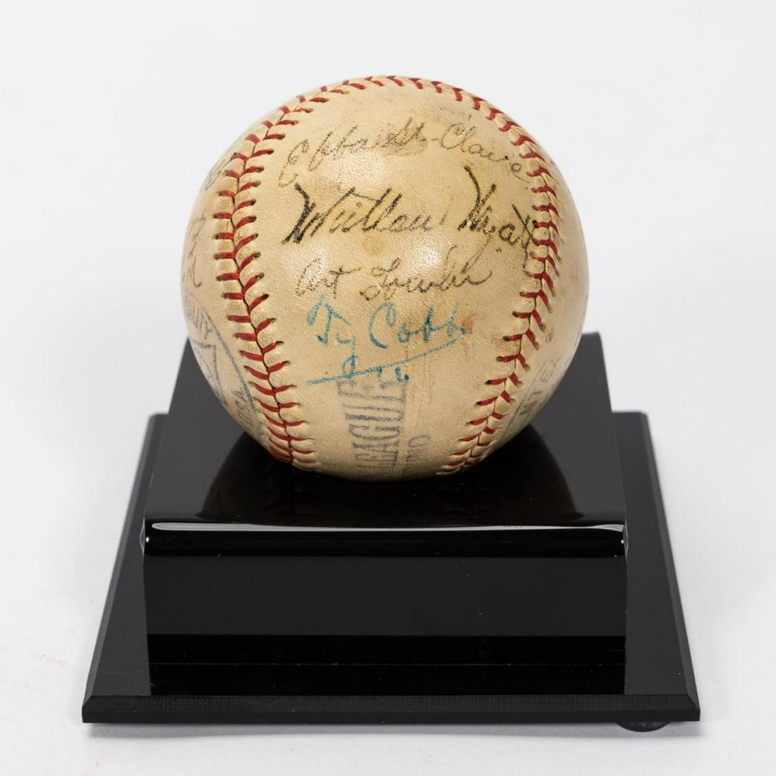 CASED TY COBB & OTHERS AUTOGRAPHED BASEBALL, JSA: Notable signatures: Ty Cobb (American, 1886-1961), Eddie Mathews (American, 1931-2001). A cased autographed baseball by legendary Hall of Famer Ty Cobb, Eddie Mathews and others including Whit Wyatt,