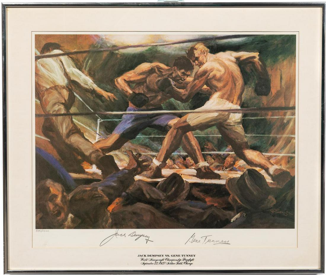G. REHBERGER, "WORLD HEAVYWEIGHT FIGHT", TUNNEY: Gustav Rehberger (Austrian / American, 1910-1995), Jack Dempsey (American, 1895-1983), Gene Tunney (American, 1897-1978). "World Heavyweight Championship Prizefight" - 1974, lithograph on paper, signe