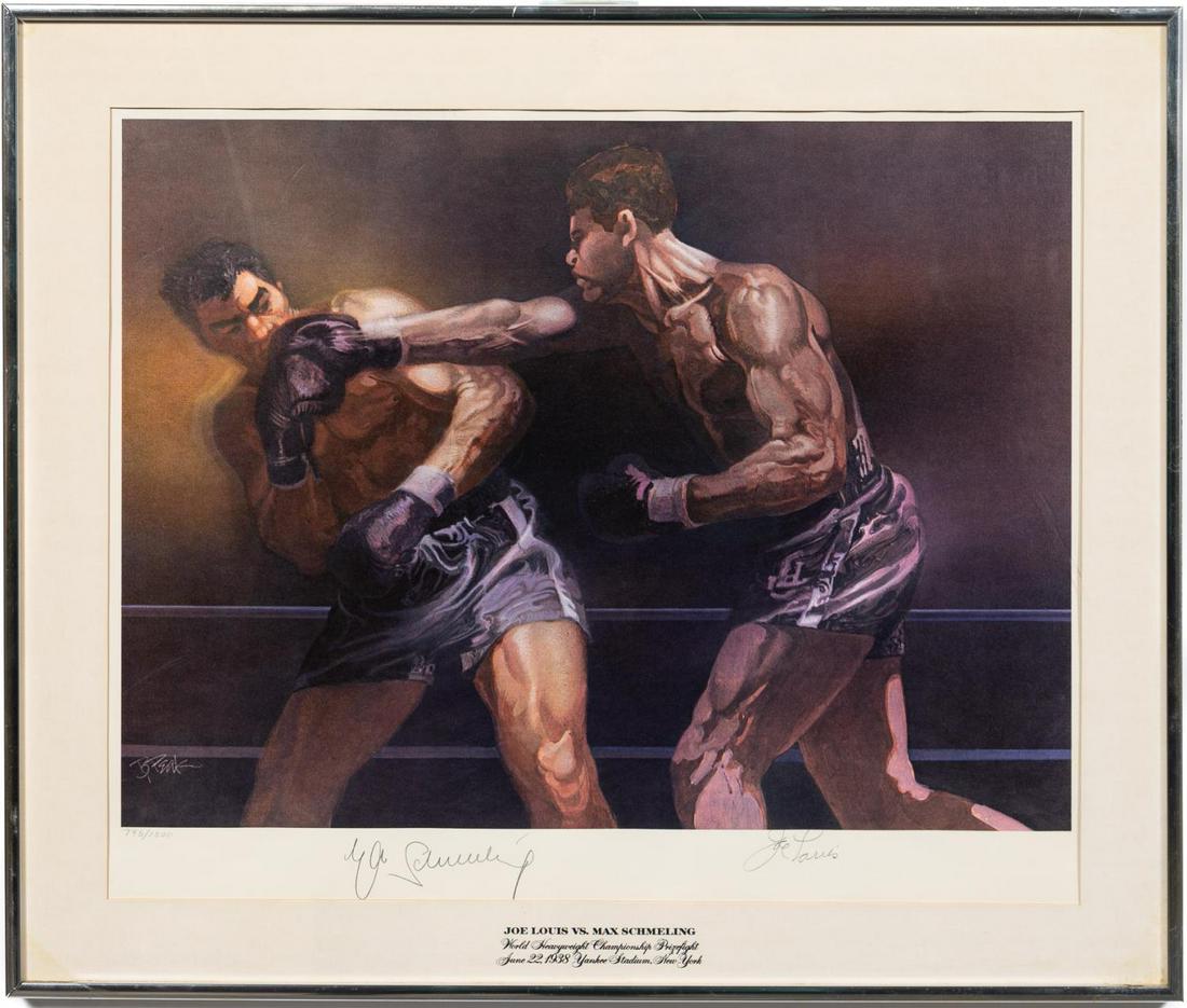 B. PEAK, WORLD HEAVYWEIGHT CHAMPIONSHIP, JOE LOUIS: Bob Peak (American, 1927-1992), Joe Louis (American, 1914-1981), Max Schmeling (German, 1905-2005). "World Heavyweight Championship Prizefight" - circa 1974, lithograph on paper, signed in pencil to l