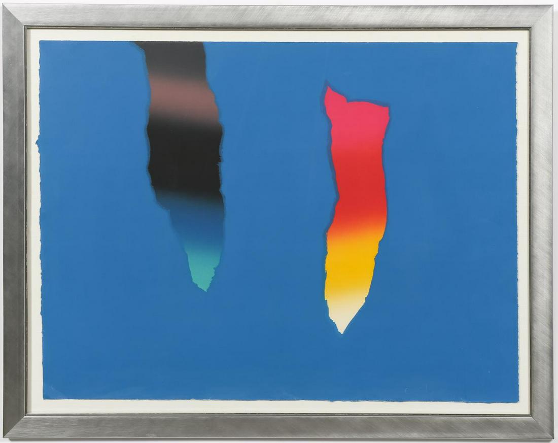 CHARLES SCHORRE, “UNTITLED” ABSTRACT, LITHOGRAPH: Charles Schorre (American, 1925-1996). “Untitled" - late 20th century, lithograph on an irregular paper page, signed lower right. Abstract image of two cool and hot objects on a blue ground. Approx.