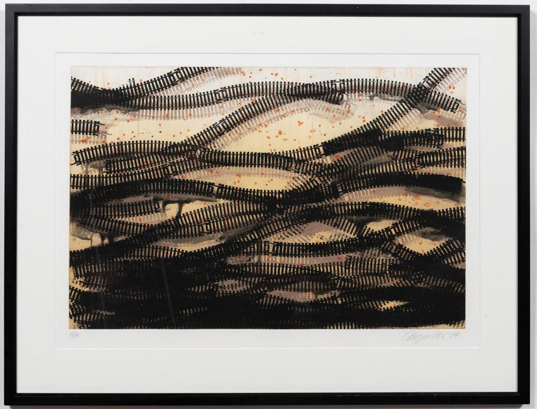 DEBORAH OROPALLO, "RAILING" ETCHING, 1998: Deborah Oropallo (American, b. 1954 - ). "Railing" -1998, etching on paper, signed, dated and numbered 15/18 on lower margin. Abstracted waves of train tracks. Approx. 22.25" x 31.75" (sight), 30.25"