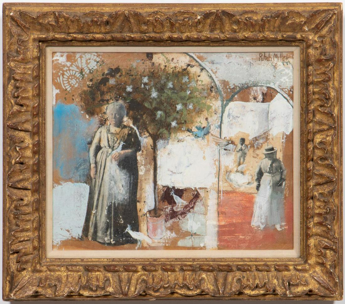 RITCH MILLER, MIXED MEDIA ON CANVAS PAINTING, 1966: Ritch Miller (American / Spanish, 1925-1991). "La Infanta Isabella y Las Popoots" - 1966, mixed media using oil and collage on canvas, signed to upper right "Mitch Miller" and verso "La Infanta Isabel