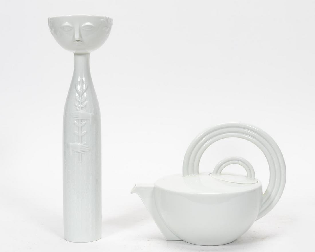 ROSENTHAL STUDIO-LINE FIGURAL VASE & TEAPOT; BJORN: Bjorn Wiinblad (Danish, 1918-2006), Rosenthal (German, founded 1879). A two piece grouping of Rosenthal Studio-line including a figural vase designed by Bjorn Wiinblad (h. 14.5") and a modernist teapo