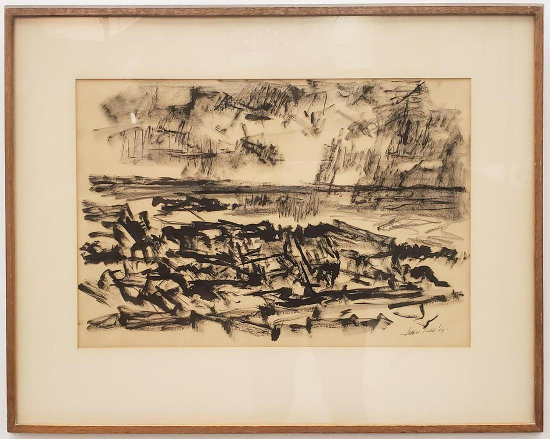 LAMAR DODD, "WATERS EDGE" ORIGINAL INK DRAWING: Lamar William Dodd (American (Georgia), 1909-1996). "Waters Edge" - 1963, ink drawing on paper, signed to lower right "Lamar Dodd" and featuring a Swan Coach House Gallery Label to verso. Approx: 14.5