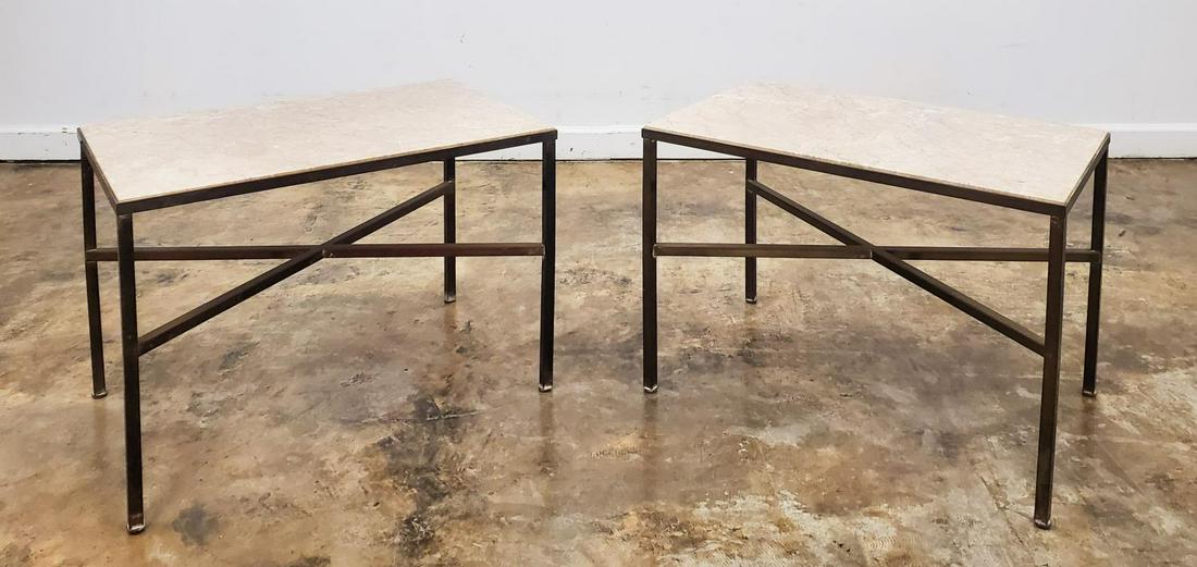 PAIR, JANSEN MID CENTURY MARBLE TOP SIDE TABLES: Manner of Maison Jansen (French, founded 1880), 20th century. A pair of brass side tables with marble tops and an X form cross beam. Apparently unmarked. Approx: h. 21", w. 28", d. 18".