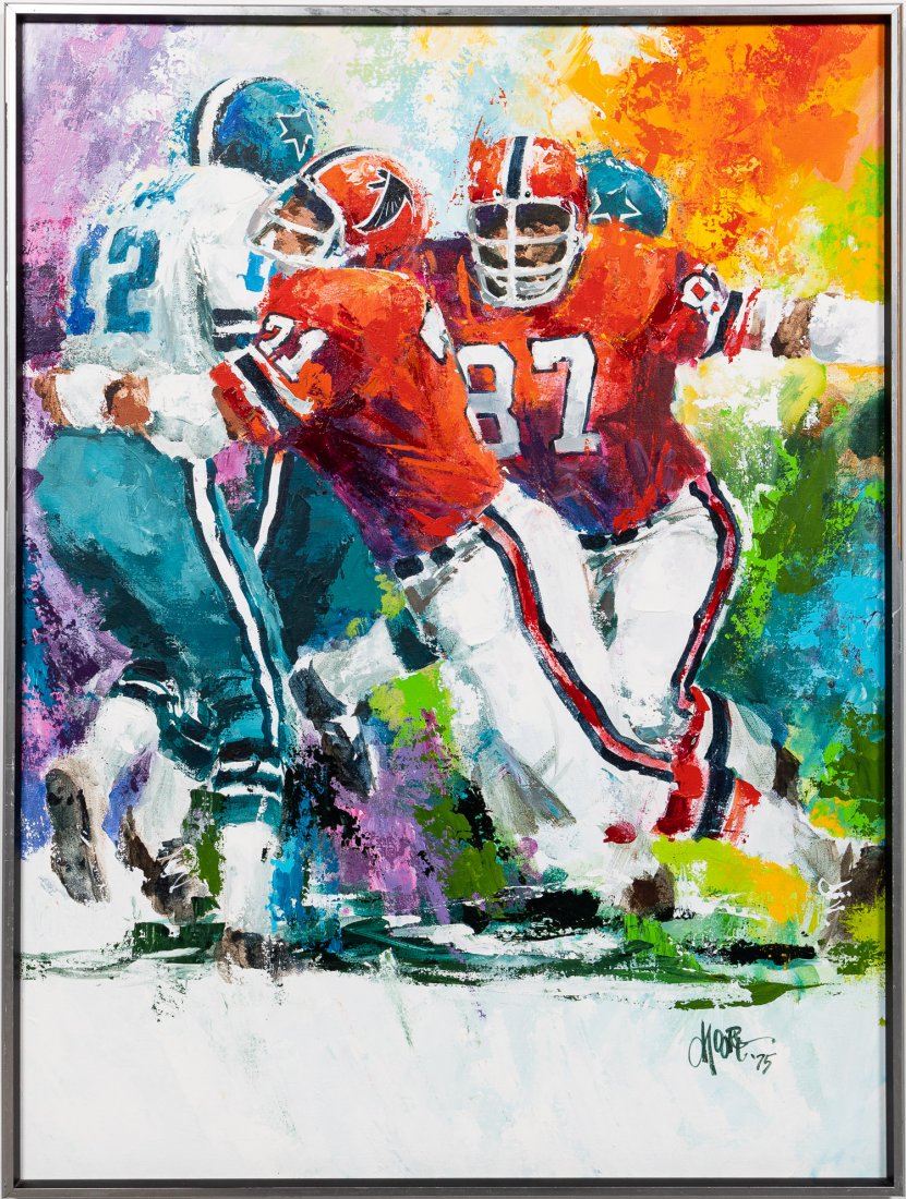 WAYLAND MOORE, "KEY SACK" OIL ON CANVAS, 1975: Wayland Moore (American, b. 1935). "Key Sack" - 1975, acrylic on canvas, signed to lower right "Moore, 75". A painting of John Zook defensive end for the Atlanta Falcons tackling quarterback Roger Sta