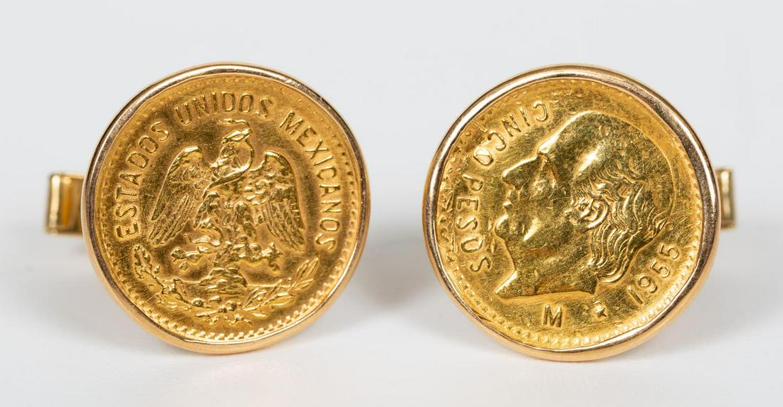 PAIR, MEN'S 14K YELLOW GOLD & GOLD COIN CUFFLINKS: A pair of men's 14K yellow gold cufflinks, each set with a 1955 five peso 22K gold coin. Marked "14K" to cufflink. Approx: w. 0.75"; with a total approximate weight of 14.9 grams.