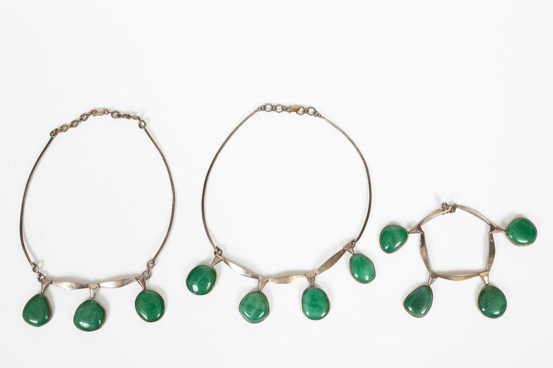 2 DANISH MODERN STERLING NECKLACES & 1 BRACELET: A collection of Mid-Century Modern Bent Knudsen (Danish, 1924–1997) jewelry with chrysoprase cabochon stones in sterling silver comprising of two geometric style necklaces and one bracelet. Marked t