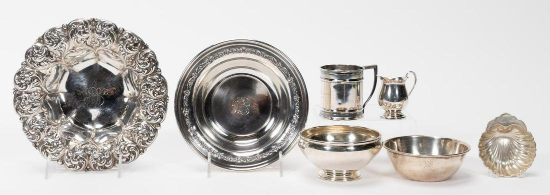 7PC AMERICAN STERLING SILVER TABLE ACCESSORIES: American, first half 20th century. A collection of seven pieces of sterling silver table accessories comprising of one small pitcher from Genova Silver (New York est 1950), one small tankard from Whit