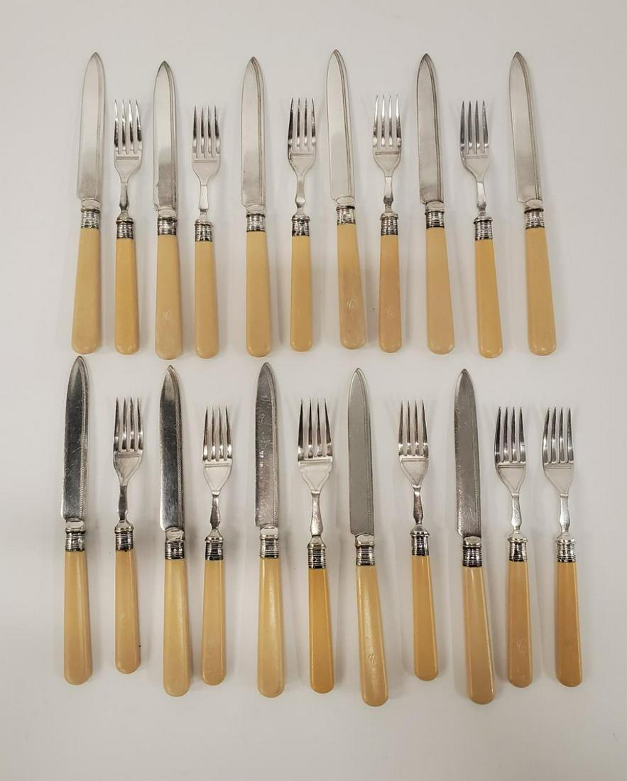 22 PC, EDWARDIAN FRUIT CUTLERY SET, ANTLER HANDLES: J A Scholes (Sheffield, late 19th to early 20th century), circa 1922. A twenty-two piece grouping of cutlery with antler handles, a hand chased engraved silverplate surface and sterling spacers includ
