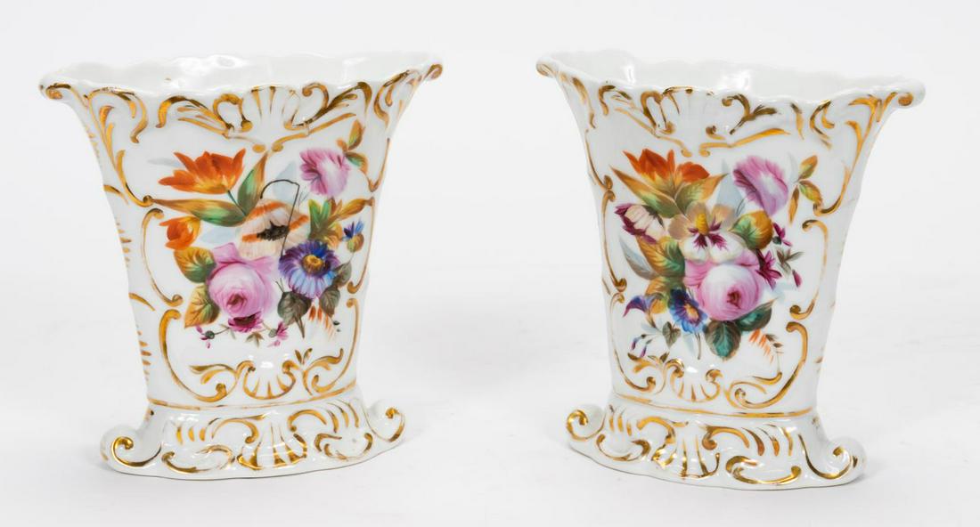 PAIR, 19TH C. OLD PARIS PORCELAIN FLORAL VASES (1 of 6)