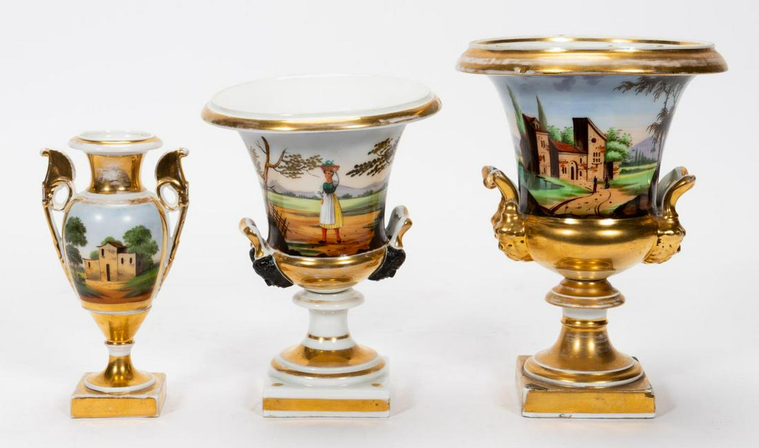 THREE 19TH CENTURY OLD PARIS PORCELAIN URNS (1 of 7)