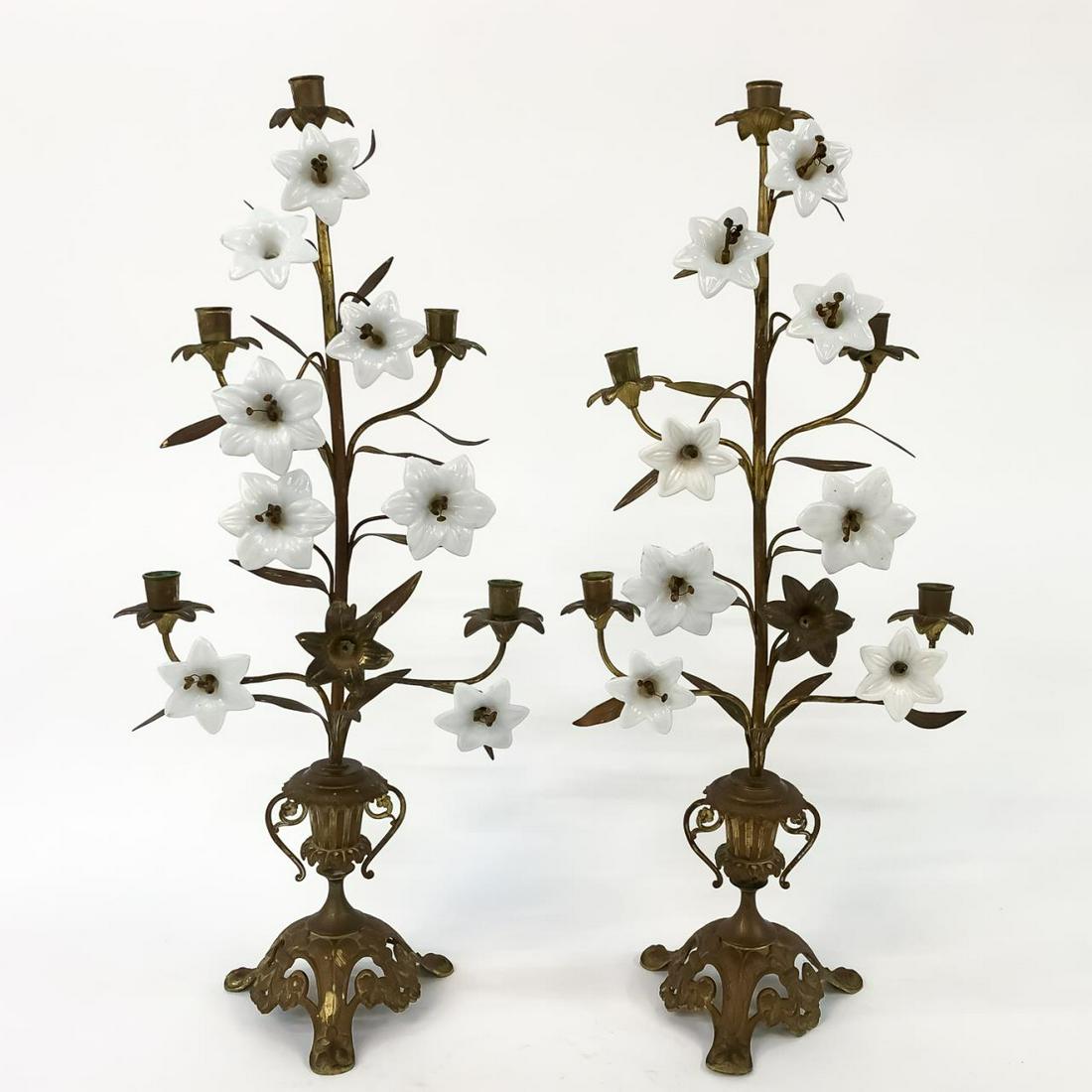 PR., 19TH C. BRASS & MILK GLASS FOLIATE CANDELABRA (1 of 6)