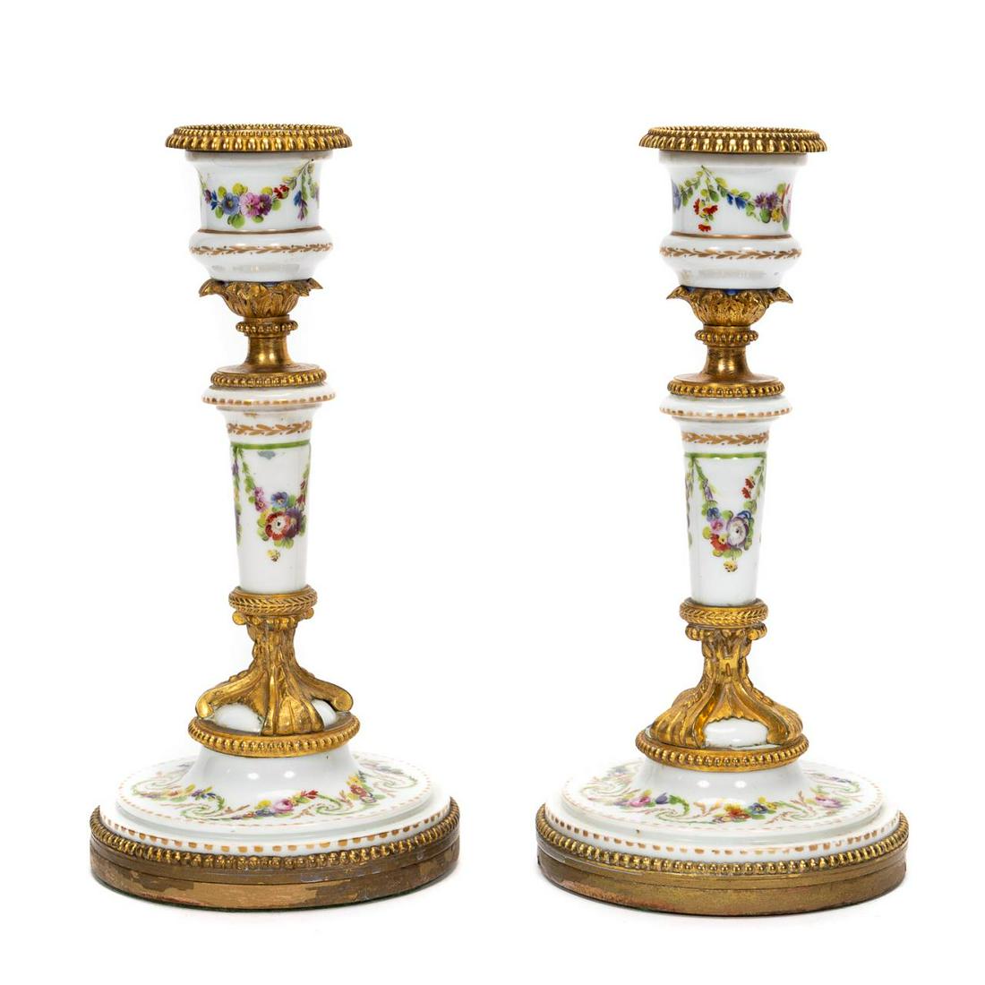 PAIR DRESDEN STYLE PORCELAIN & BRONZE CANDLESTICKS (1 of 8)